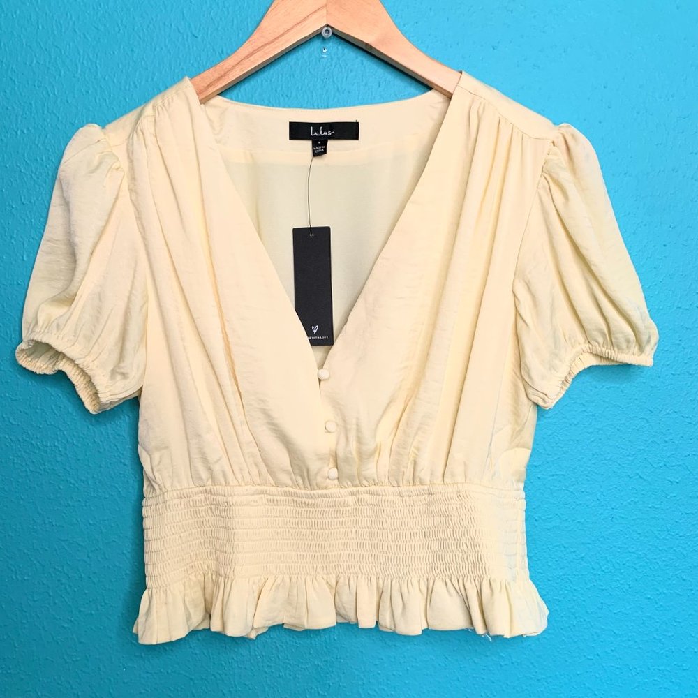 NWT Lulus Bring the Style Light Yellow Puff Sleeve Peplum Crop Top - Picture 3 of 11